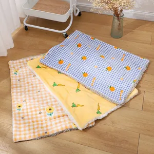 Cozy pet sleeping mat, thick warm cat blanket with cute fruit and floral patterns for winter use.