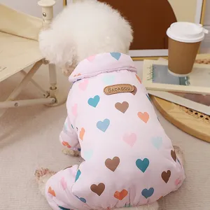 Cute puppy winter warm four-leg cotton jumpsuit with colorful heart print for small dogs.