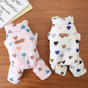 Cute pet dog winter warm four-legged cotton clothes with colorful heart print and cute design.