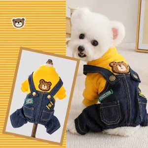 Small Dog Winter Fleece Hoodie Cute Bear Embroidery Four-Legged Outfit Puppy Clothes Warm Pet Sweatshirt Overall Set