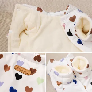Thickened warm four-legged dog winter clothes, cute heart print fleece lined pet clothing.