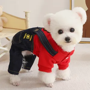 Cute dog winter sweatshirt set with denim overalls, warm four-leg pet apparel for small dogs.