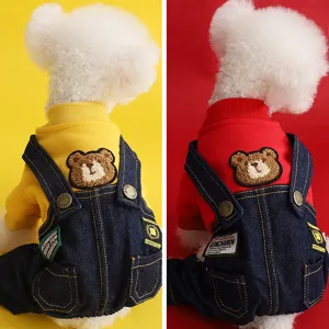 Pet clothes autumn winter dog hoodie denim overalls cute bear patch small dog apparel
