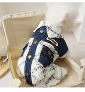 Winter warm four-leg pet dog coat, denim and sherpa fleece spliced jacket for small dogs.