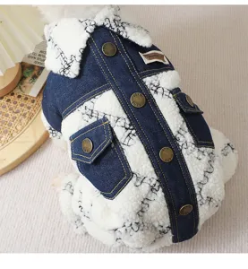 Detailed view of winter warm pet denim fleece jumpsuit with buttons for small dogs.