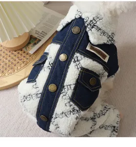 Detail shot of a stylish winter pet denim and fleece coat with snap buttons for small dogs.