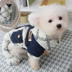 Small Dog Winter Warm Coat Four-Legged Fleece Splicing Denim Clothes Windproof Puppy Apparel Jacket for Cold Weather