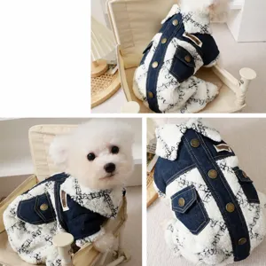 Winter dog jumpsuit with denim and fleece patchwork, warm snap-button coat for small pets.