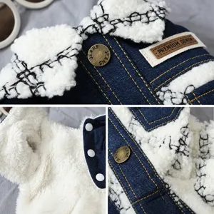 Winter warm pet denim fleece coat for small dogs, stylish button design outerwear.