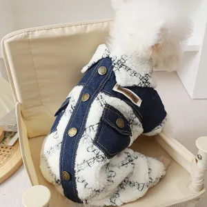 Trendy winter pet dog denim fleece four-legged warm jumpsuit coat for small dogs outdoors.