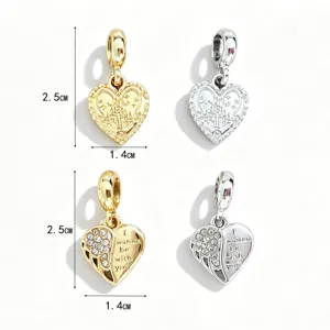 DIY heart metal charm pendant with angel wings and castle design for bracelet necklace making