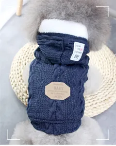 Thickened knit dog sweater in dark blue with hood, warm pet apparel for small dogs in winter.