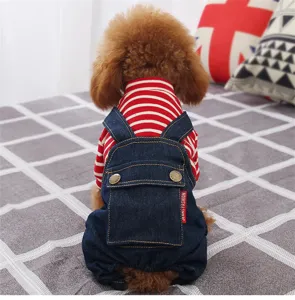 Pet dog denim overalls cute striped four-legged jumpsuit clothing detail view for small dogs puppy teddy