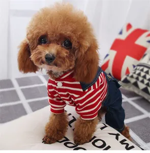 Detail view of cute pet dog four-leg striped denim overalls apparel for small dogs