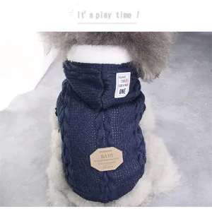 Cute dog knitted hoodie sweater winter warm pet apparel for small dogs puppy blue coat.