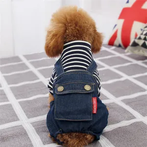 Cute striped denim overalls for small dogs, comfortable four-leg pet apparel for puppy poodle.