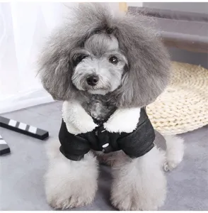 Cute pet dog denim jacket with plush collar, winter warm four-leg clothes for small puppies.