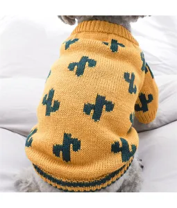 Detailed shot of cute pet knitted sweater with lovely green cactus pattern design back view.