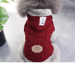 Warm dog sweater winter thick pet puppy clothes fleece lined knit burgundy hoodie apparel