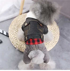 Pet denim jacket set for small dogs, four-legged warm autumn winter pet apparel for teddy.