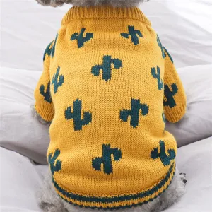 Cute cactus pattern dog sweater for small pets warm winter knitted apparel detail.