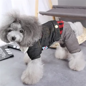 Pet denim jacket dog clothes cute four-leg jumpsuit pet winter apparel detailed shot.