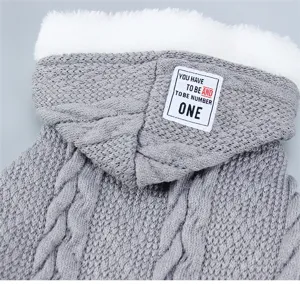 Grey cable knit pet sweater detail, cozy plush hood lining and cute text label design.