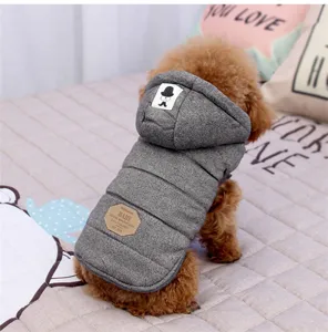 Grey pet dog winter warm hooded cotton vest, thick quilted apparel, cute puppy details.