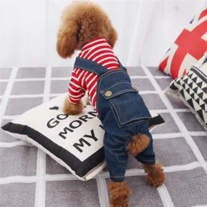 Cute dog clothes puppy striped denim overalls four legs pet apparel for small dogs autumn spring