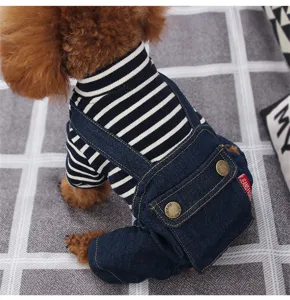 Cute dog pet clothes autumn spring four-legged striped denim overalls for small puppies.