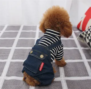 Cute dog striped denim overalls pet clothes for small puppies teddy four-legged autumn