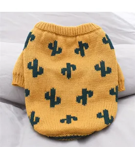 Cute yellow pet dog sweater with green cactus pattern, warm knit winter apparel for small dogs.