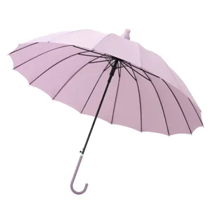 Ombrello lungo rosa solido a 16 stecche con classico manico dritto e impugnatura a J.