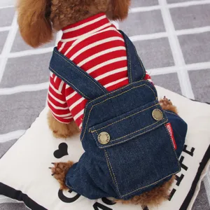 Small Dog Puppy Clothes Spring Autumn Striped Denim Overalls Cute Four-Leg Pet Jumpsuit Apparel For Teddy Bichon