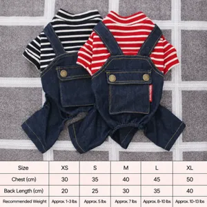 Cute striped dog overalls denim four-legged outfit for small puppies teddy pet clothes.