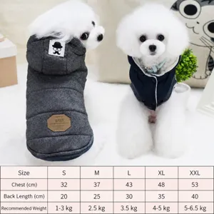Warm pet winter clothes for small dogs, thick fleece dog hoodie coat with size chart.