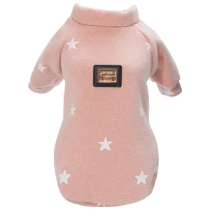 Pink fleece dog sweatshirt with white stars, warm winter pet clothes for small dogs puppy.