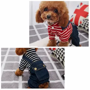 Puppy pet clothes teddy bichon small dog four-leg striped denim overall spring autumn