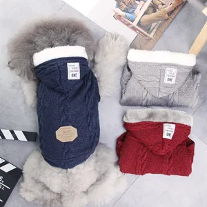 Dog winter warm knitted sweater with plush hood, thick cute pet apparel for small dogs.