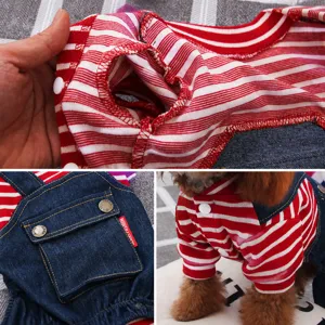 Cute striped denim overalls for small dogs puppy pets, comfortable four-leg spring autumn apparel.