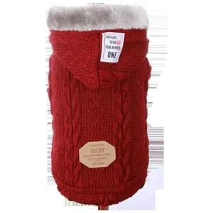 Warm winter pet dog sweater thick knitted apparel with soft faux fur hood in red color.