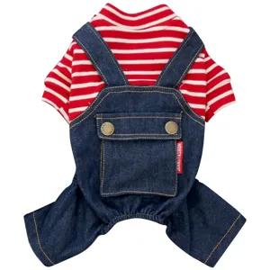 Cute dog striped shirt denim overalls four leg pet clothing for small puppies spring wear