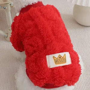 Warm red fleece dog sweater for small dogs winter pet apparel with cute crown tag detail.