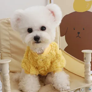 Cute yellow fleece pet dog winter clothes with bear ears, warm puppy short sleeve apparel.