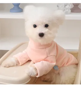 Cute pink high-neck pet fleece vest for small dogs, warm winter clothes with vertical stripes.