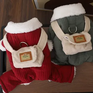 Winter Warm Dog Cotton Coat Four-Legged Fleece Lined Puppy Jacket With Small Backpack Corduroy Pet Apparel