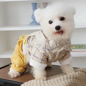 Winter Warm Pet Dog Four-Legged Clothes Cute Cartoon Bear Embroidery Plaid Fleece Splice Snap Button Puppy Coat Apparel