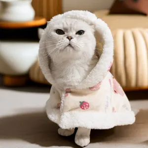 Winter Warm Pet Cape Cute Strawberry Bear Pattern Cat Cloak Fleece Thickened Small Dog Apparel Pet Clothing