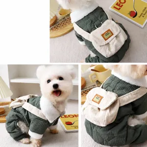 Warm winter dog jumpsuit corduroy four-legged pet clothes with cute small backpack outfit.
