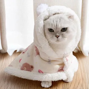 Cute winter pet cat cloak warm plush cape with cute bear and strawberry pattern for kitten
